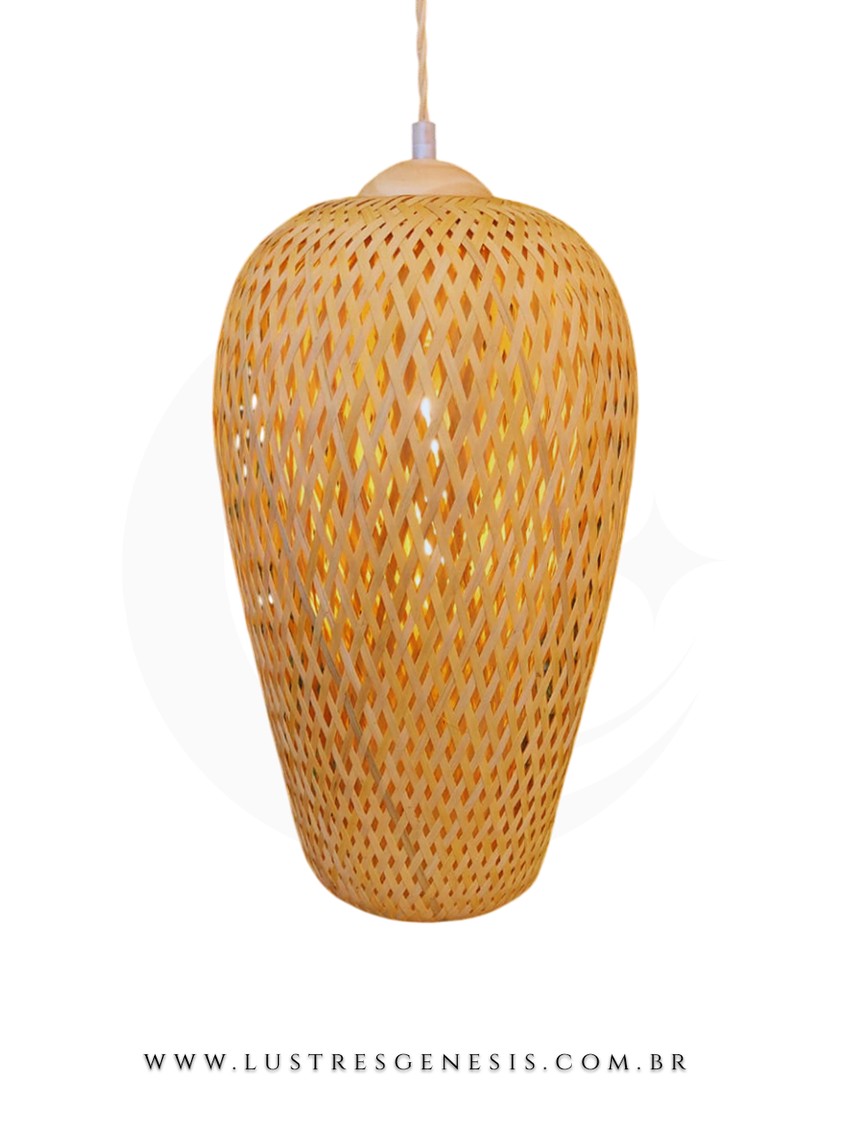 Luminária pendente de madeira e fibra de bambu Sumba, ideal para mesas, balcão de cozinha, área gourmet e sítios, design artesanal e moderno.